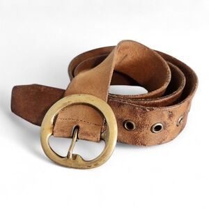 Vintage 70s Womens Brown Leather Belt Solid Brass Buckle Size 38 Large L Boho